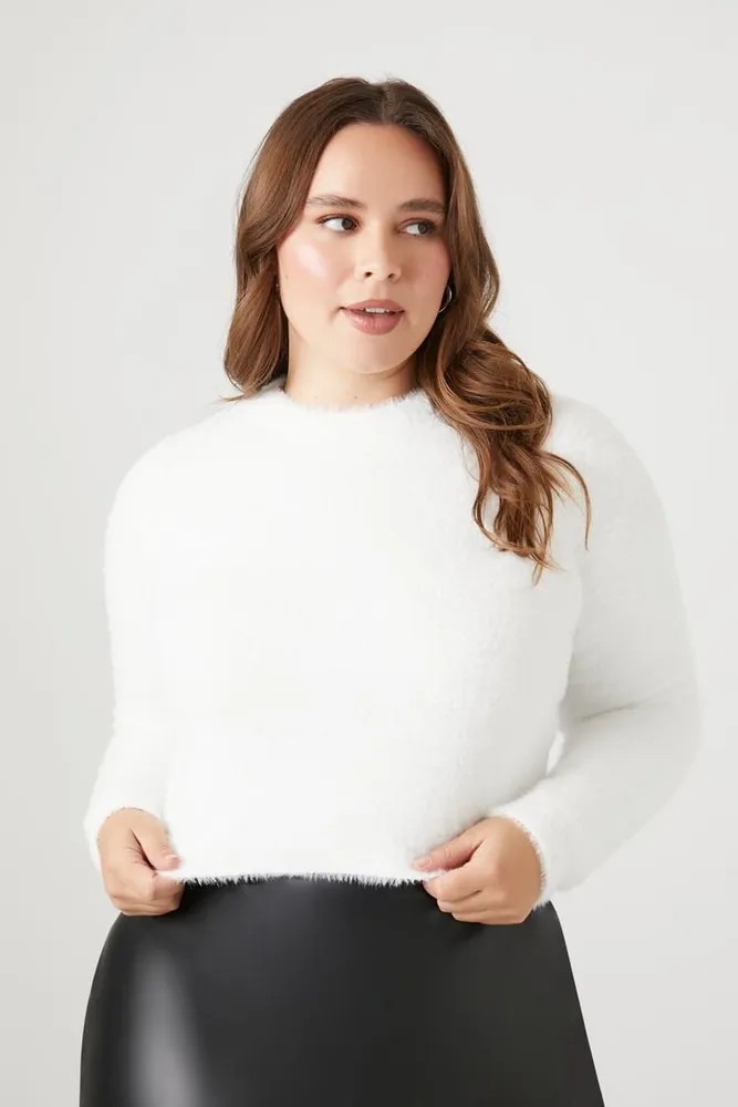 Women's Fitted Fuzzy Knit Sweater in Vanilla, 2X