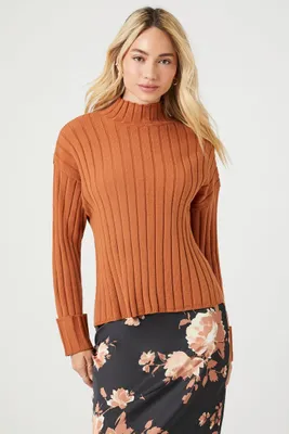 Women's Rib-Knit Mock Neck Sweater in Tan Medium