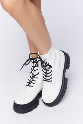 Women's Faux Leather Combat Boots in White/Black, 7.5