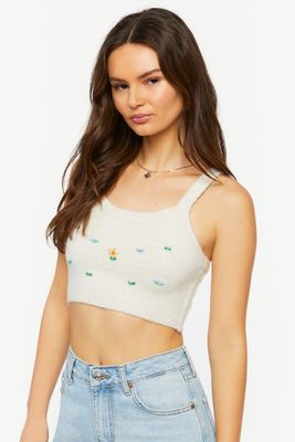 Women's Floral Beaded Cropped Tank Top in Ivory Large