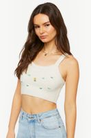 Women's Floral Beaded Cropped Tank Top in Ivory Large