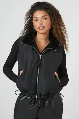 Women's Zip-Up Toggle Drawstring Vest in Black, XL