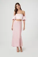 Women's Puff-Sleeve Off-the-Shoulder Crop Top in Pink Large