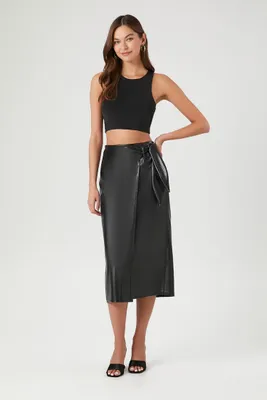 Women's Faux Leather Midi Wrap Skirt in Black, XS