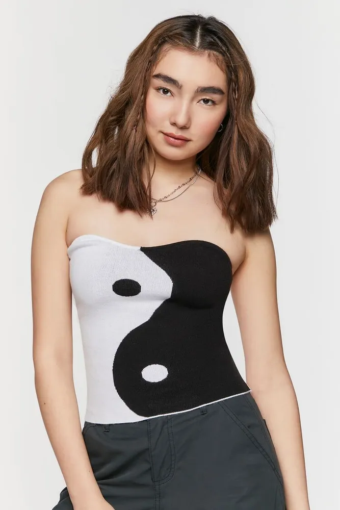 Women's Yin Yang Sweater-Knit Tube Top in Black/White Small