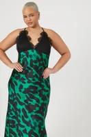 Women's Satin Leopard Maxi Slip Dress in Emerald/Black, 1X