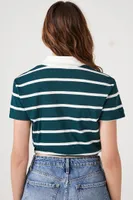 Women's Striped Cropped Polo Shirt in Teal Medium