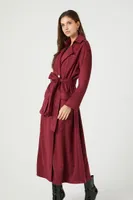 Women's Belted Faux Suede Trench Coat in Wine Medium