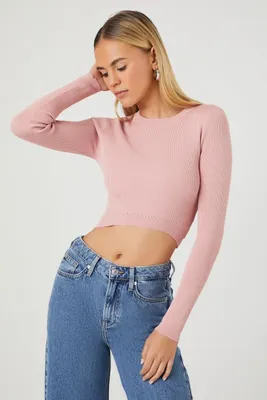 Women's Cropped Rib-Knit Sweater in Pale Mauve, XL