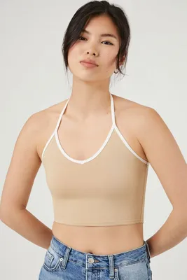 Women's Cropped Ringer Halter Top in Khaki/White Medium