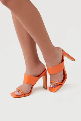 Women's Faux Leather Open-Toe Block Heels in Orange, 5.5