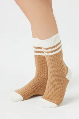 Waffle Knit Varsity-Striped Crew Socks in Tan