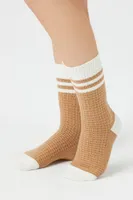 Waffle Knit Varsity-Striped Crew Socks in Tan