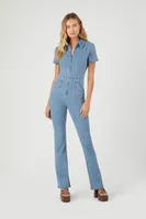 Women's Zip-Up Denim Short-Sleeve Jumpsuit in Light Denim, XL