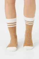 Waffle Knit Varsity-Striped Crew Socks in Tan