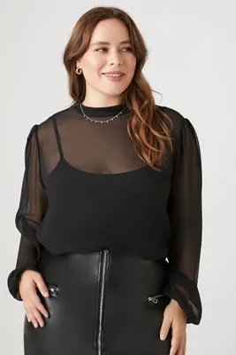 Women's Chiffon Peasant-Sleeve Bodysuit in Black, 2X