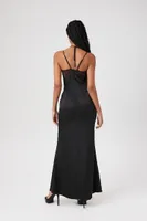 Women's Lace-Trim Satin Maxi Dress in Black Large