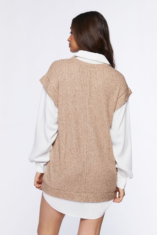 Women's Sweater Vest & Shirt Combo Dress in Tan/White Medium