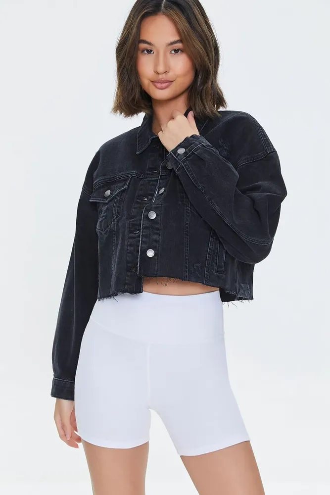 Women's Basic Cropped Frayed Denim Jacket in Black Small