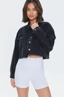 Women's Basic Cropped Frayed Denim Jacket in Black Small