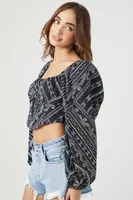 Women's Ornate Print Peasant-Sleeve Crop Top