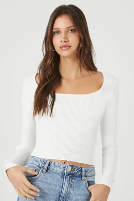 Women's Sweater-Knit Scoop-Neck Crop Top in White, XL