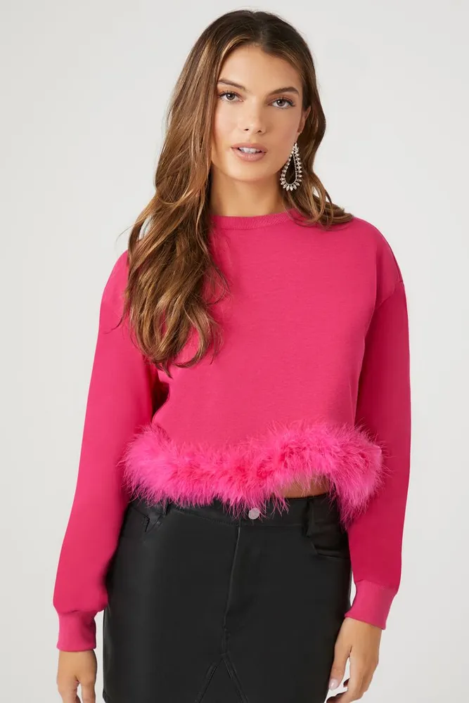 Women's Feather-Trim Pullover in Hot Pink Large