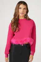 Women's Feather-Trim Pullover in Hot Pink Large