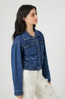 Women's Snap-Button Denim Trucker Jacket in Medium Denim, XS