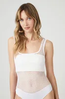 Women's Fishnet Tank Bodysuit in White, XS