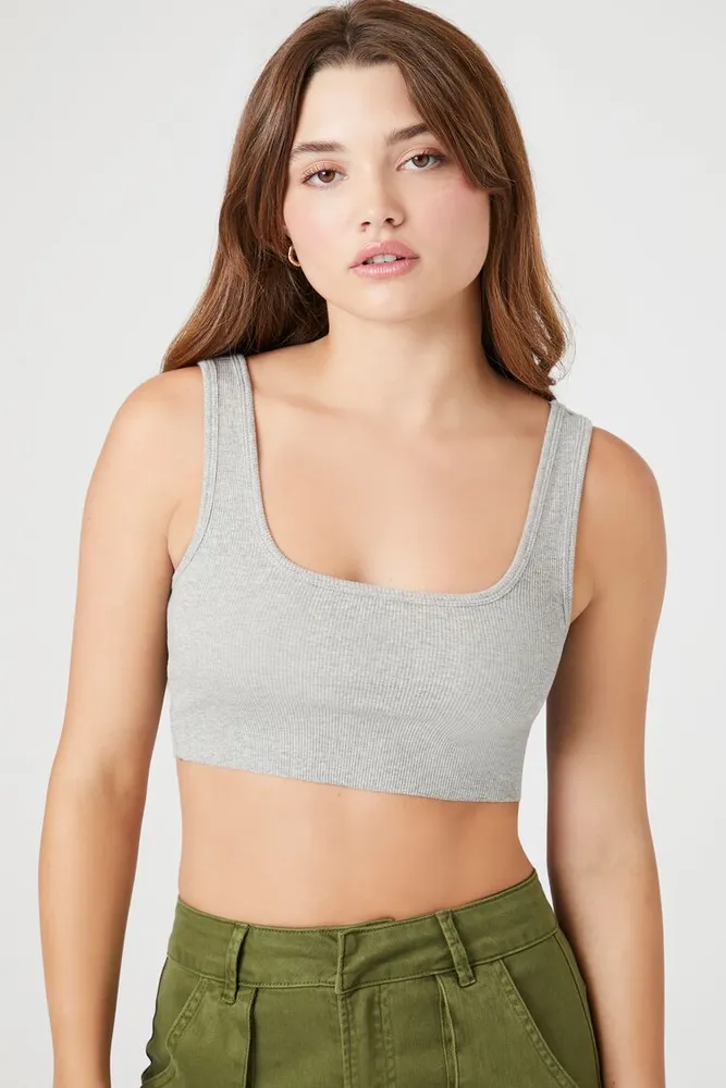 Forever 21 Women's Ribbed Scoop Neck Cropped Tank Top in Heather Grey, XL
