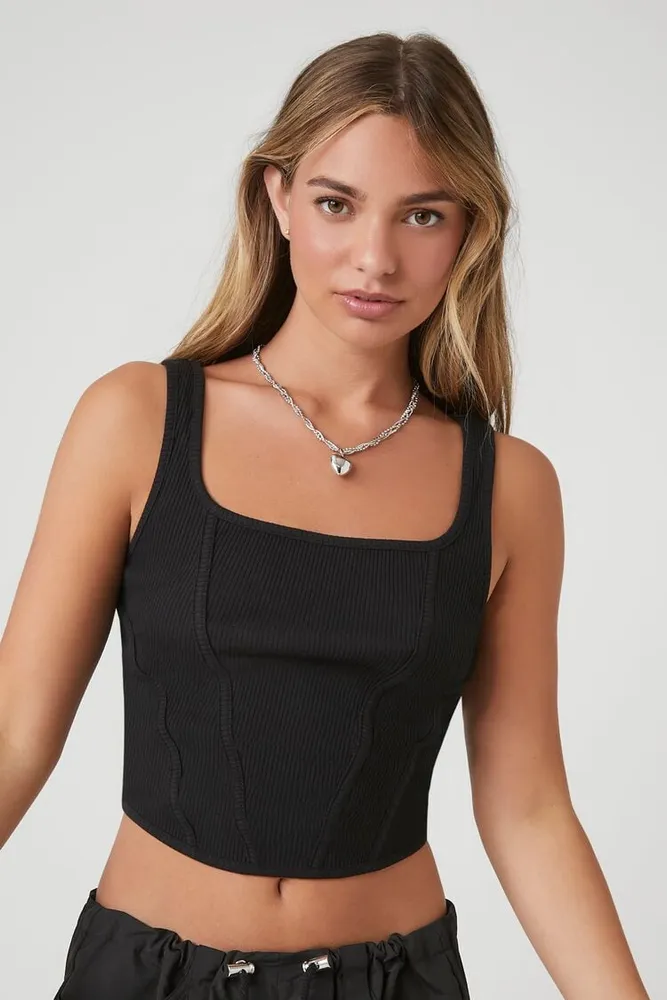 Women's Ribbed Knit Cropped Tank Top in Black, XL