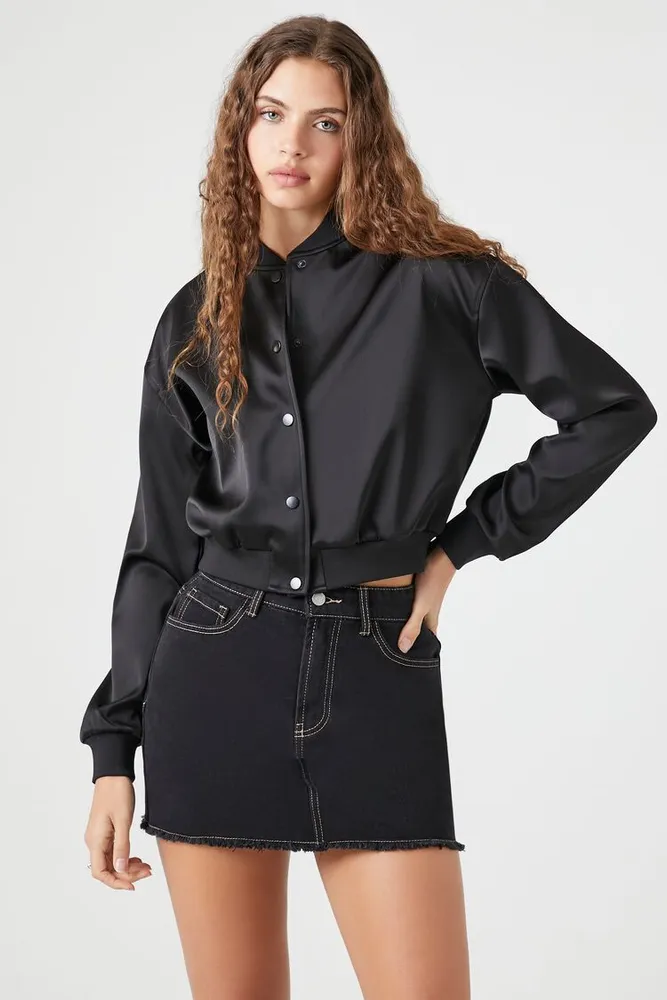 Women's Satin Bomber Jacket in Black Small