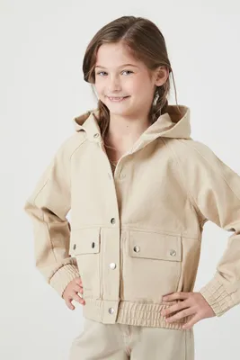 Girls Hooded Denim Trucker Jacket (Kids) in Taupe, 9/10