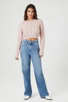 Women's Cropped Cable Knit Sweater in Pink Small