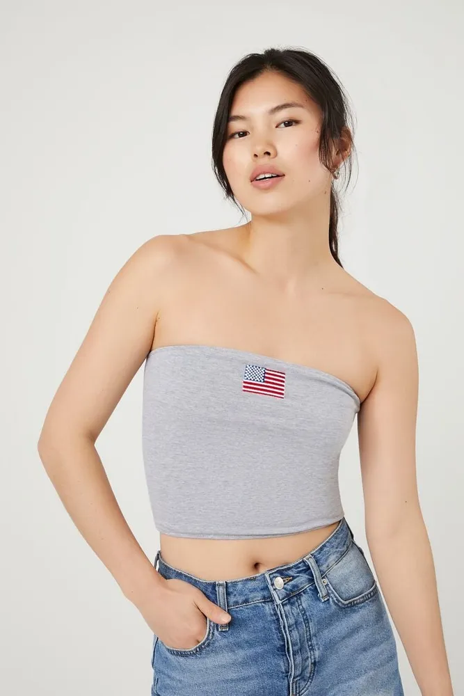 Women's Embroidered USA Flag Tube Top in Heather Grey Medium