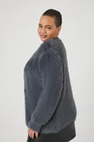 Women's Fuzzy Knit Cardigan Sweater in Grey, 2X