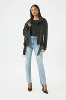 Women's Faux Leather Belted Moto Jacket in Black Medium