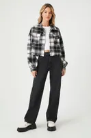 Women's Cropped Plaid Flannel Shirt in Black/White Large