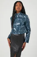 Women's Faux Leather Moto Jacket in Blue Small