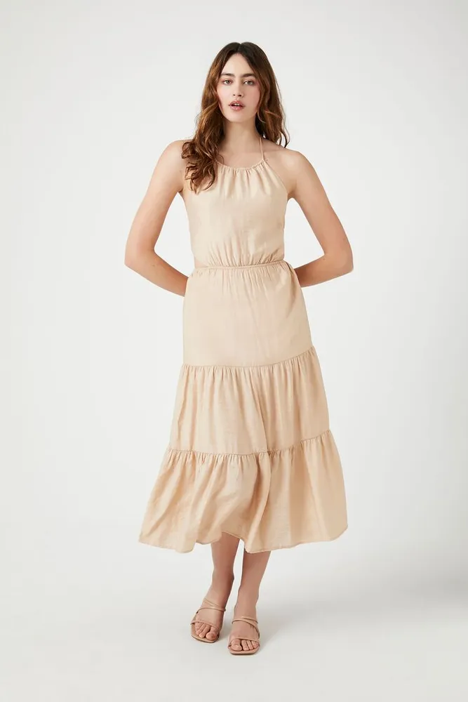 Women's Tiered Halter Midi Dress Oatmeal