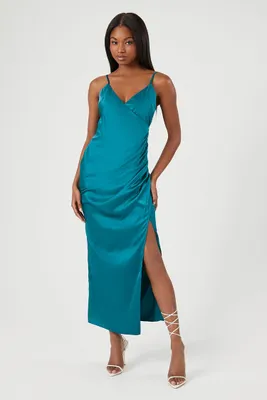 Women's Satin Midi Slip Dress in Teal, XL