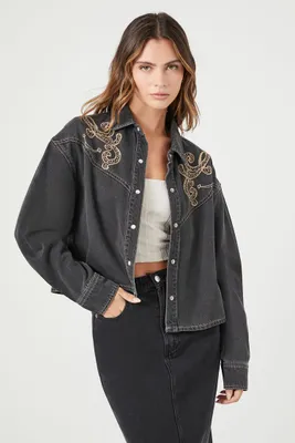 Women's Embroidered Denim Shirt in Black Medium