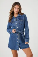 Women's Tie-Front Denim Mini Shirt Dress in Medium Denim Small