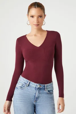 Women's Fitted Sweater-Knit Bodysuit in Wine Large