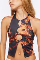 Women's Flame Print Cutout Crop Top in Black Large