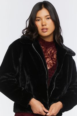 Women's Faux Fur Zip-Up Coat in Black Large