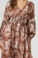 Women's Leaf Print Peasant-Sleeve Maxi Dress in Brown Medium