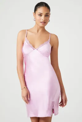 Women's Satin Lace-Trim Tie-Back Mini Dress in Pink Small