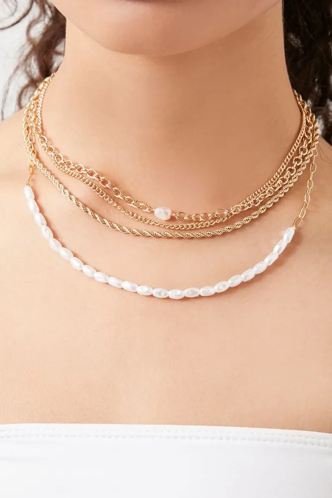 Women's Layered Faux Pearl Necklace in Gold/Cream